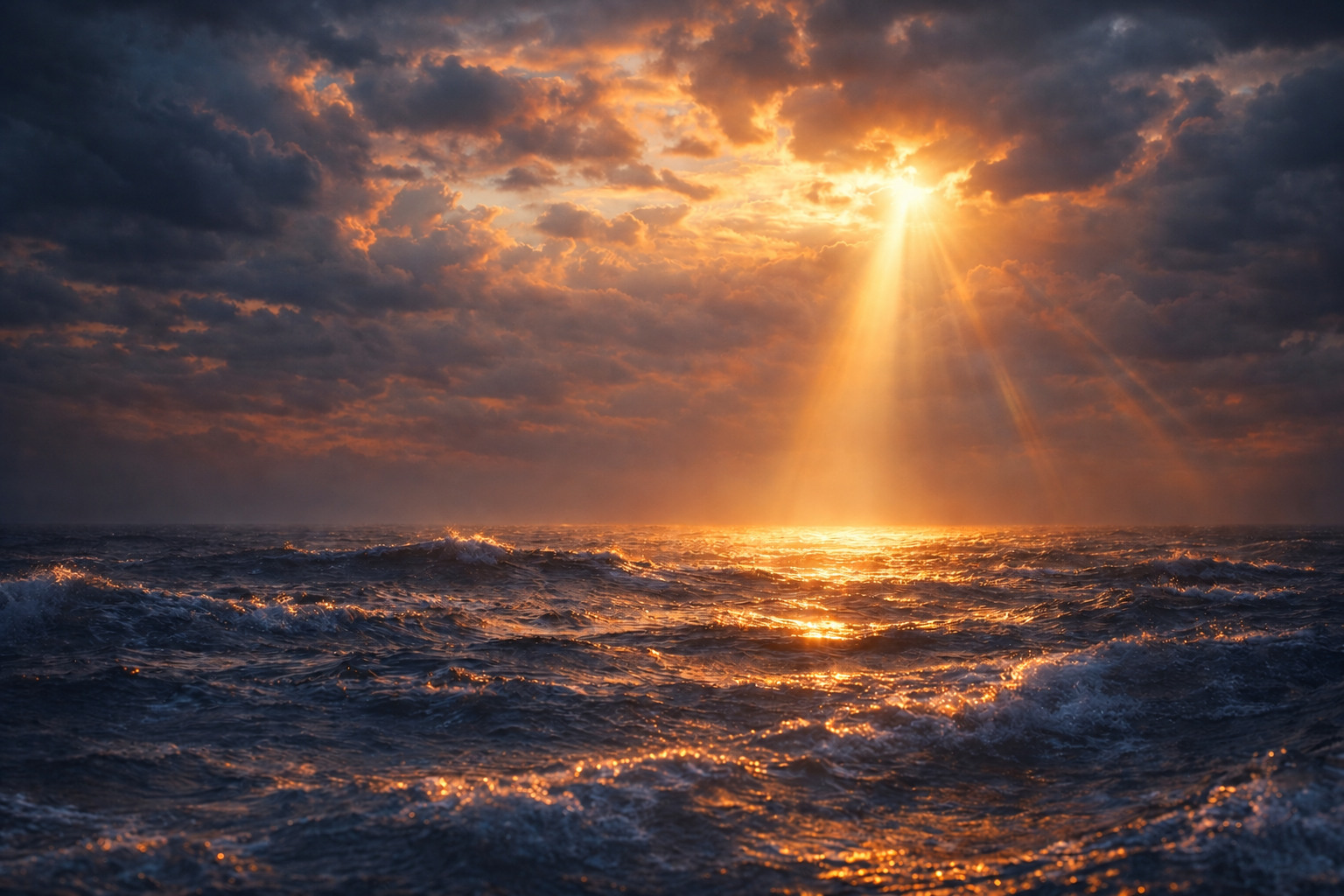 The Atlantic illuminated by a golden opening in the clouds.
